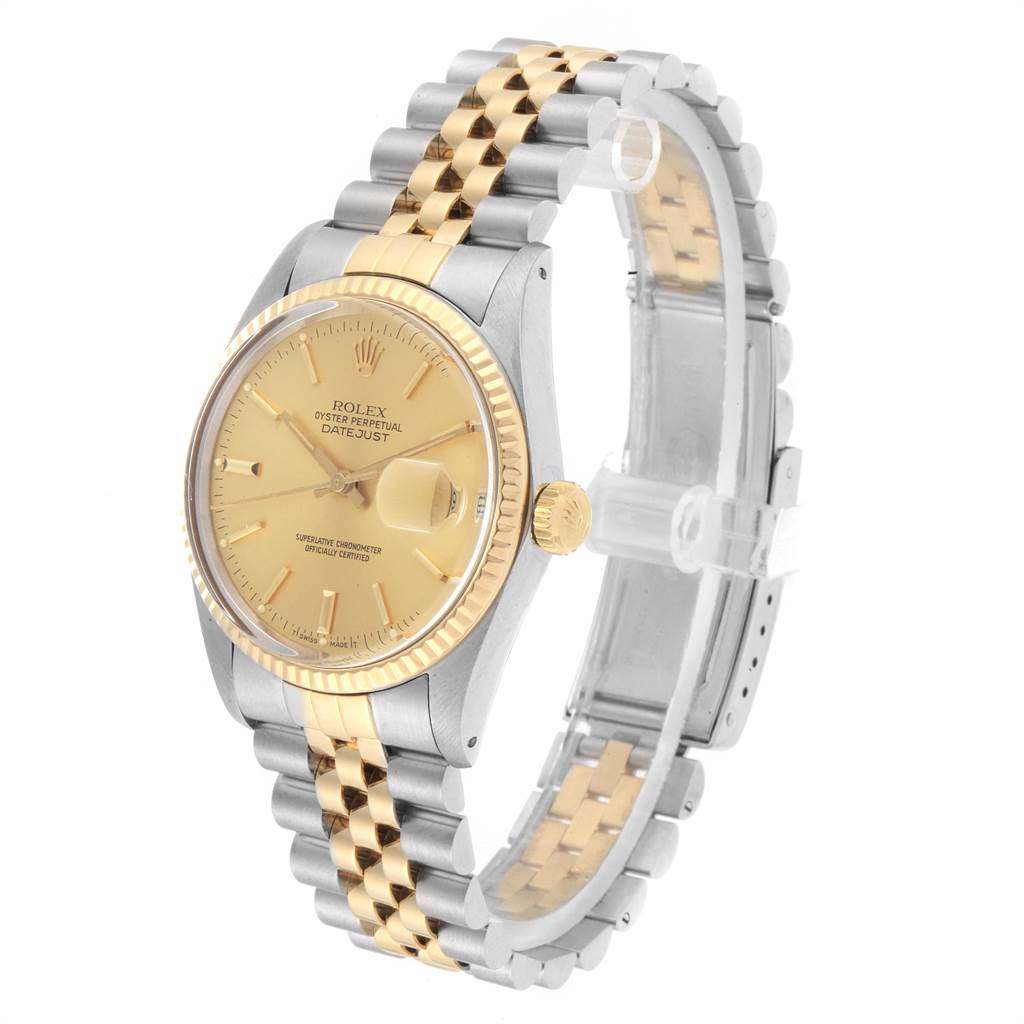 The Rolex Vintage Collection 16013 Men's Stainless Steel Champagne Dial 16013 Men's Stainless Steel Champagne Dial model watch is angled to show the face, bezel, crown, and two-tone bracelet.