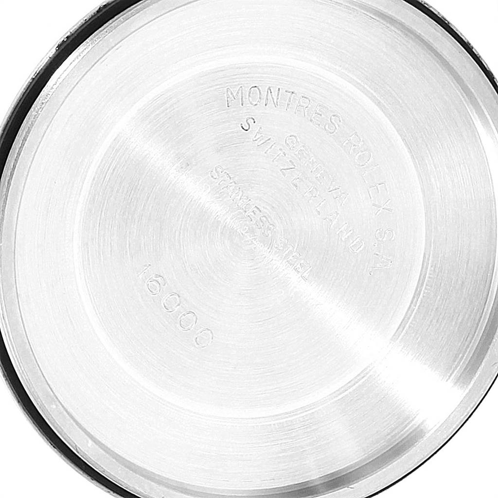 This image shows the back casing of a Rolex Vintage Collection 16013 Men's Stainless Steel Champagne Dial 16013 Men's Stainless Steel Champagne Dial watch, displaying engraving details and model number 16000.