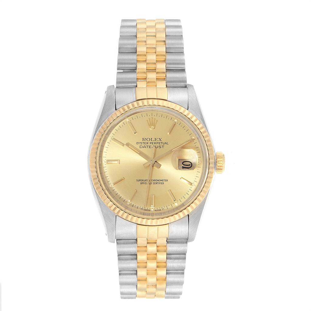 The image shows a front view of a Rolex Vintage Collection 16013 Men's Stainless Steel Champagne Dial 16013 Men's Stainless Steel Champagne Dial model, featuring a gold dial, fluted bezel, and two-tone metal bracelet.