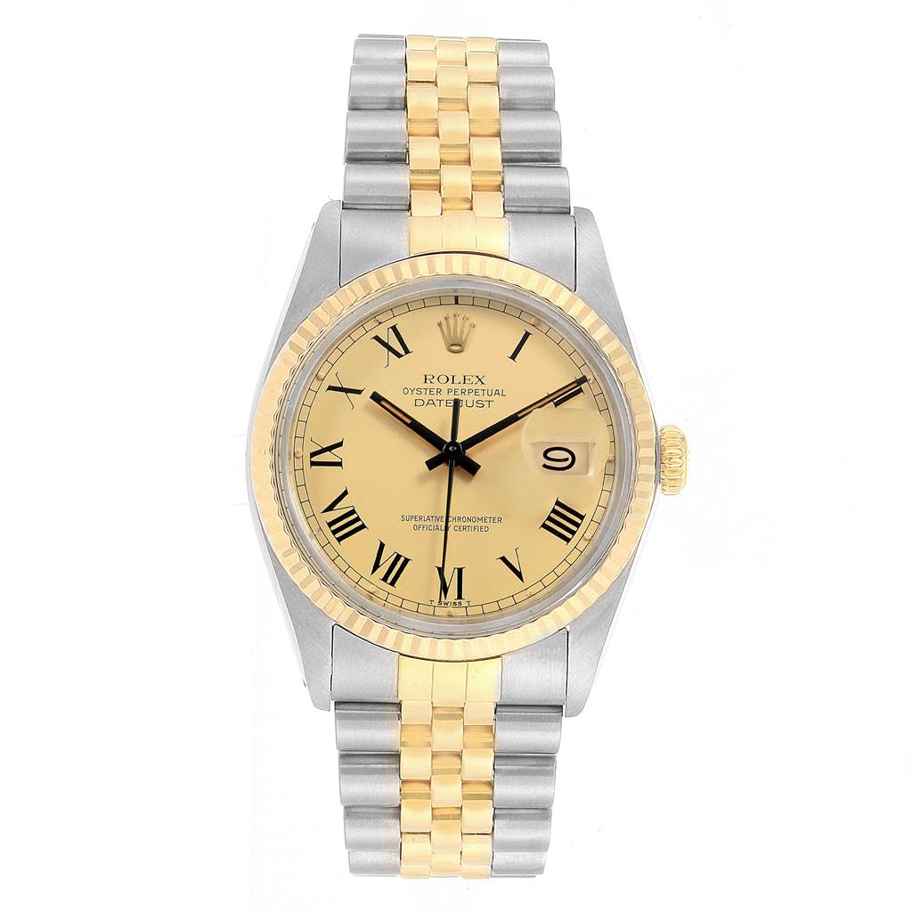 The image shows a front view of the Rolex Vintage Collection 16013 Men's Stainless Steel Champagne Dial 16013 Men's Stainless Steel Champagne Dial watch, featuring its face, bezel, crown, and bracelet.
