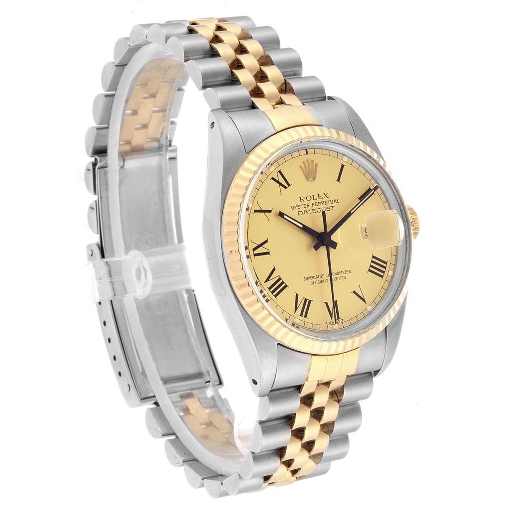 The image shows a side angle of a Rolex Vintage Collection 16013 Men's Stainless Steel Champagne Dial 16013 Men's Stainless Steel Champagne Dial watch highlighting its gold and silver bracelet and golden dial.