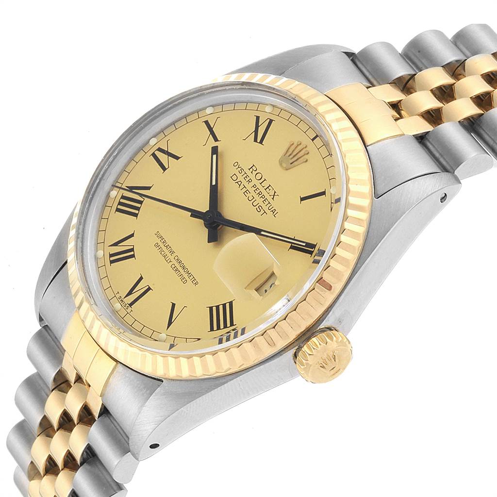 This image shows a close-up angled view of the Rolex Vintage Collection 16013 Men's Stainless Steel Champagne Dial 16013 Men's Stainless Steel Champagne Dial watch, highlighting the dial, bezel, and part of the bracelet.