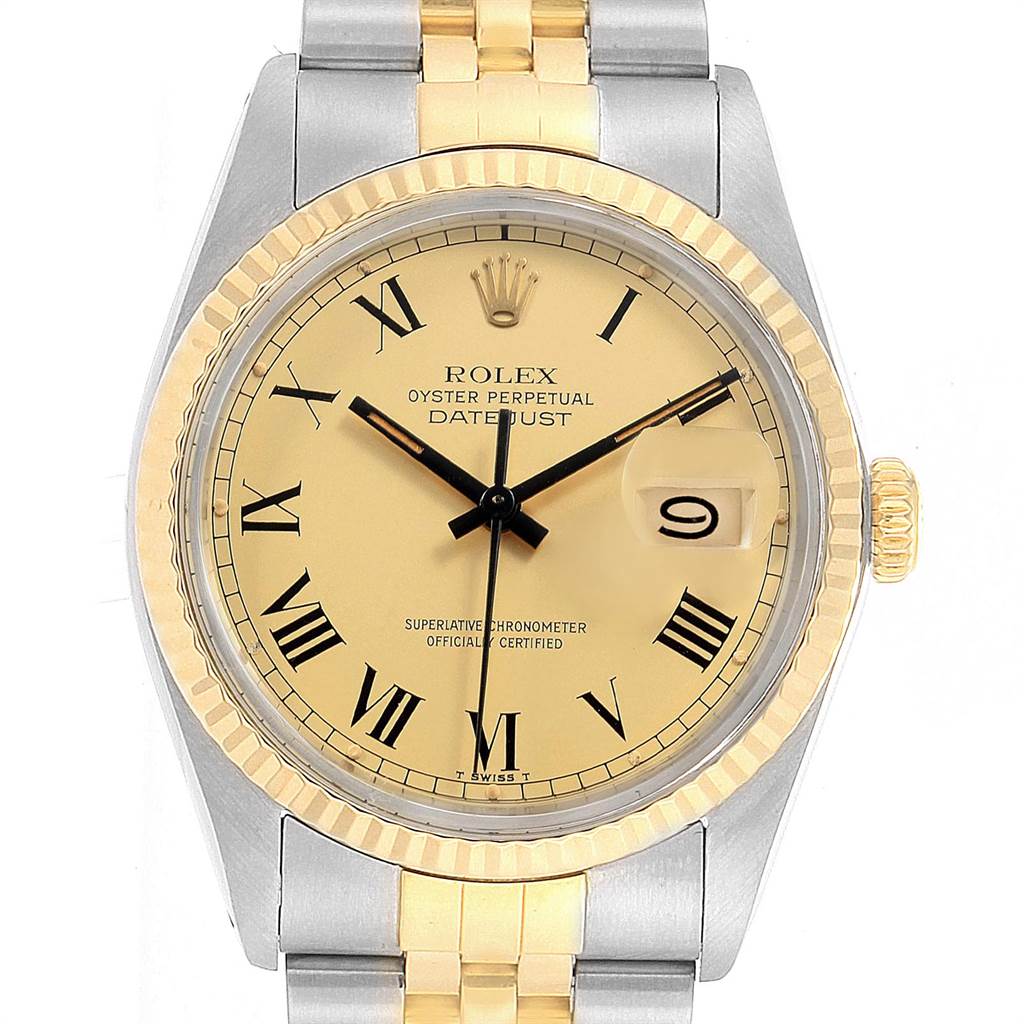 The image shows a front view of the Rolex Vintage Collection 16013 Men's Stainless Steel Champagne Dial 16013 Men's Stainless Steel Champagne Dial Datejust, displaying the dial, hands, bezel, crown, and part of the bracelet.