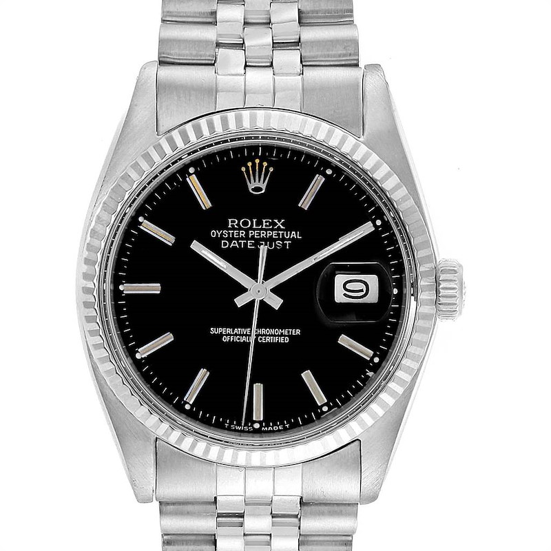 Rolex Datejust Steel White Gold Black Dial Vintage Mens Watch 1601 SwissWatchExpo