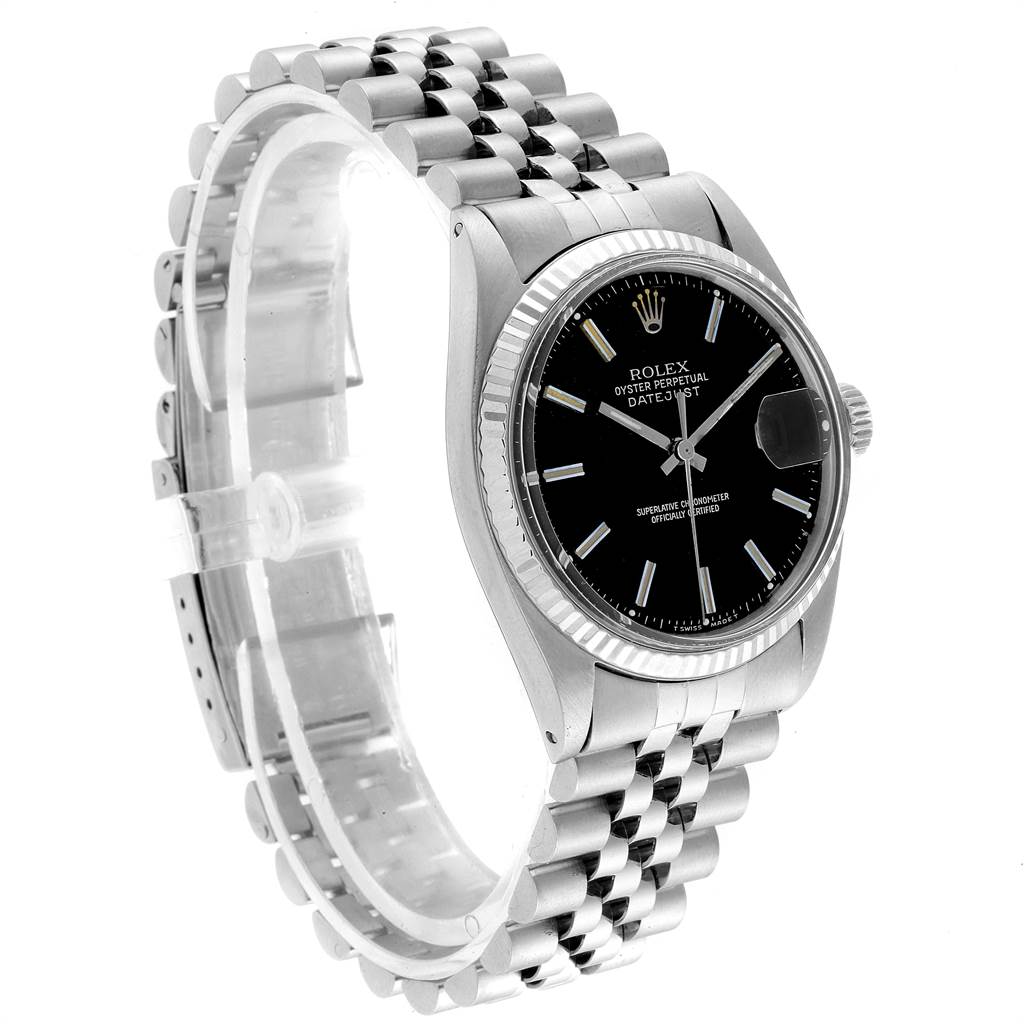 The Rolex Vintage Collection 1601 Men's Stainless Steel Black Dial 1601 Men's Stainless Steel Black Dial watch is shown at an angled side view, displaying its bracelet, case, bezel, and dial.