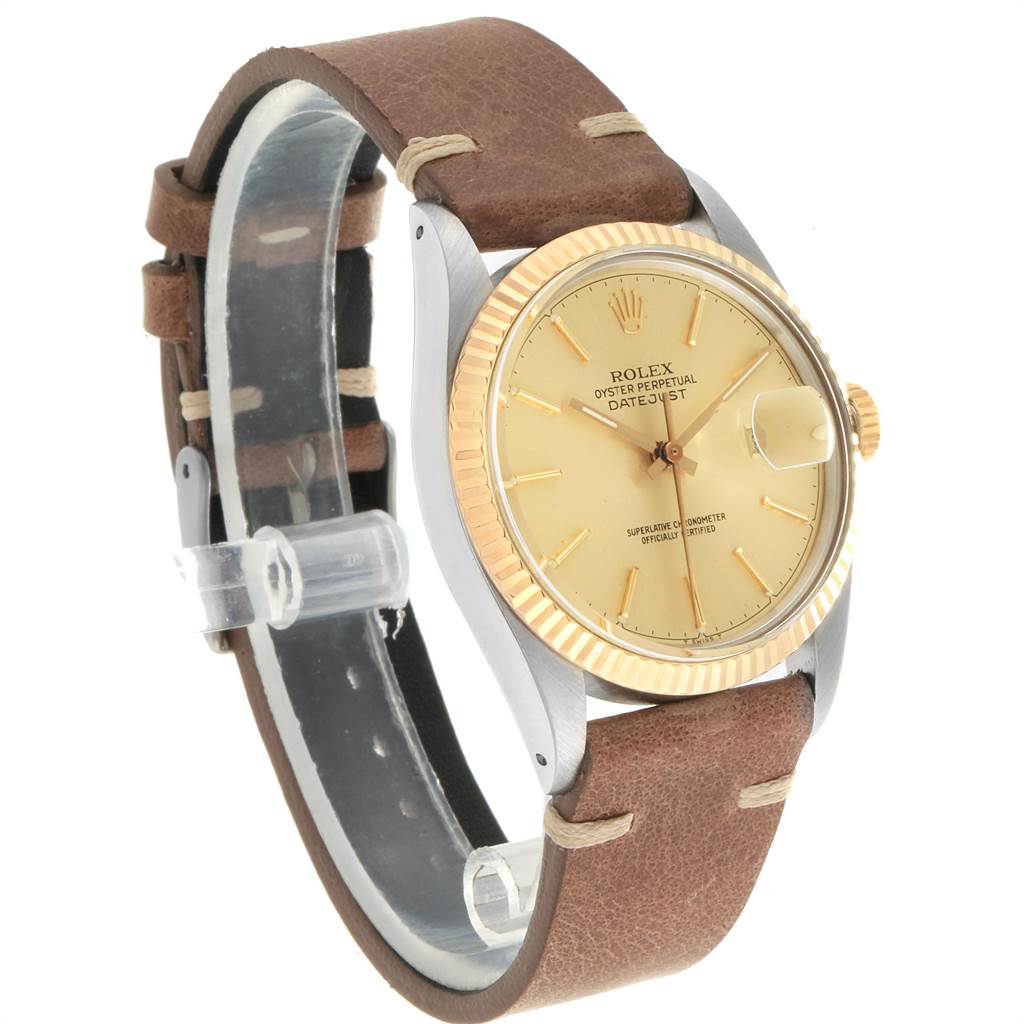 The image shows a side and front angle of the Rolex Datejust Vintage Collection watch with a brown leather strap.