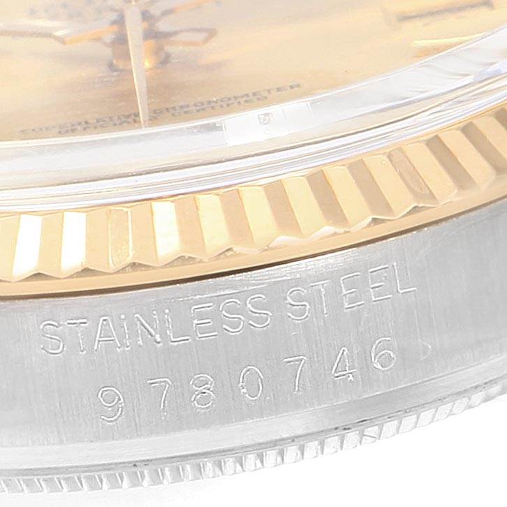 This close-up angle shows the stainless steel casing and fluted bezel of the Rolex Vintage Collection 16013 Men's Stainless Steel Champagne Dial 16013 Men's Stainless Steel Champagne Dial watch.