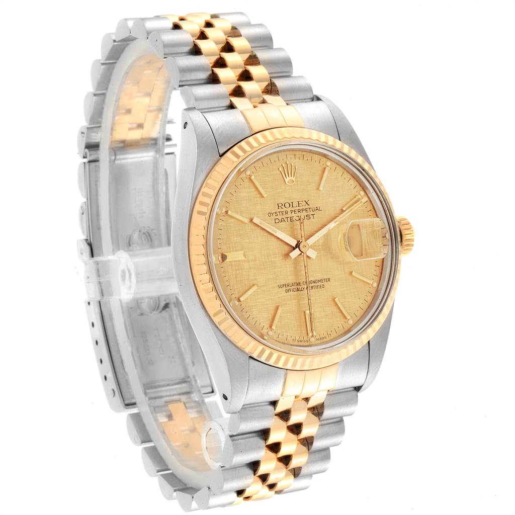 The Rolex Vintage Collection 16013 Men's Stainless Steel Champagne Dial 16013 Men's Stainless Steel Champagne Dial watch is shown at an angled side view, displaying the face, bezel, crown, and two-tone bracelet.