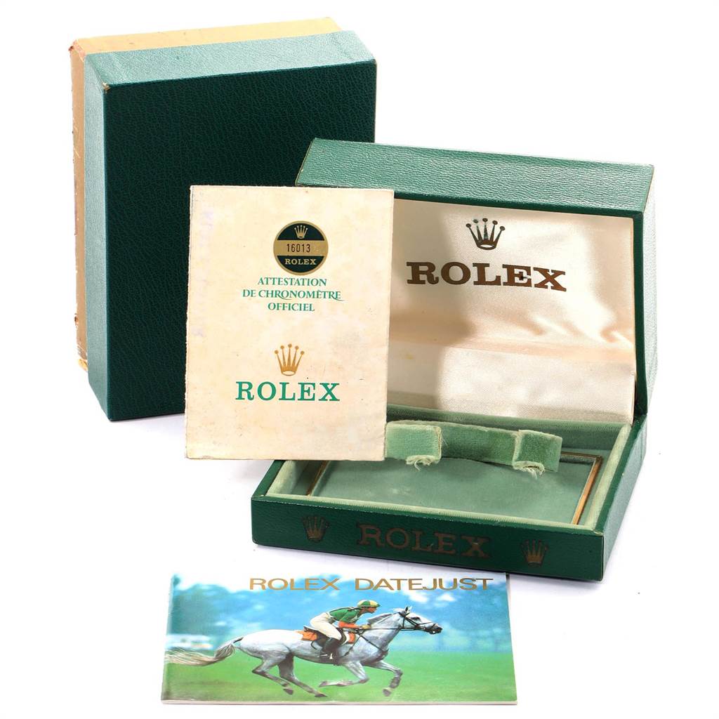 The image shows a Rolex Vintage Collection 16013 Men's Stainless Steel Champagne Dial 16013 Men's Stainless Steel Champagne Dial watch box, certificates, and warranty cards from an elevated front angle.