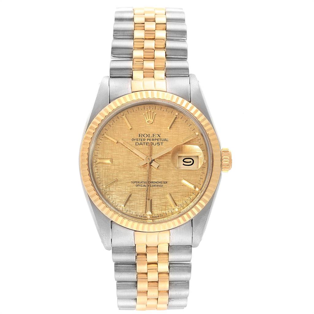 This image shows a front view of the Rolex Oyster Perpetual Datejust Vintage Collection watch.