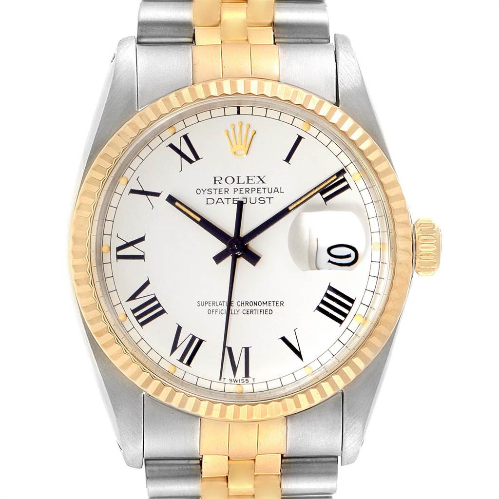 The image shows a frontal view of the Rolex Vintage Collection 16013 Men's Stainless Steel White Dial 16013 Men's Stainless Steel White Dial Datejust, featuring its white dial, Roman numerals, and two-tone stainless steel and gold bracelet.