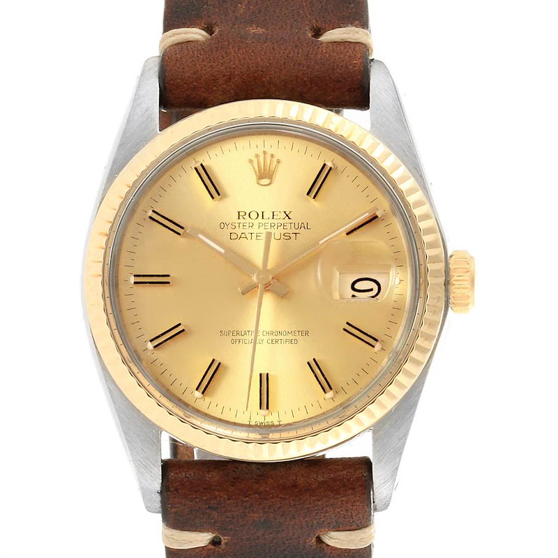Rolex Datejust Steel Yellow Gold Brown Strap Vintage Mens Watch 16013 SwissWatchExpo
