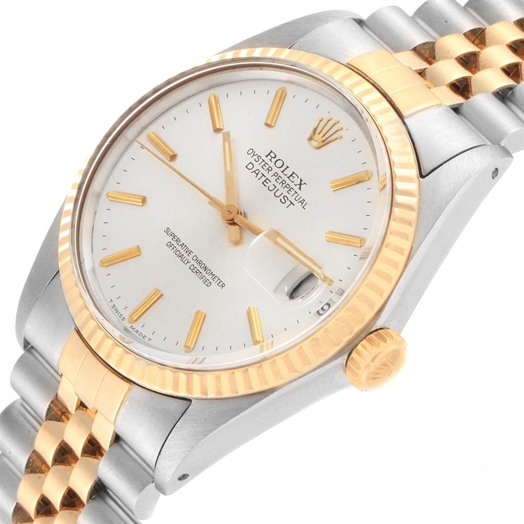 The image shows a close-up of the Rolex Vintage Collection 16013 Men
s Stainless Steel Silver Dial 16013 Men
s Stainless Steel Silver Dial model watch, featuring its dial, hands, date window, and part of the band.