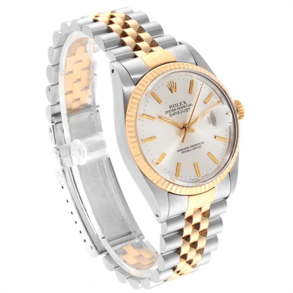 This image shows a Rolex Vintage Collection 16013 Men
s Stainless Steel Silver Dial 16013 Men
s Stainless Steel Silver Dial watch at an angle highlighting its face, bezel, and bracelet.