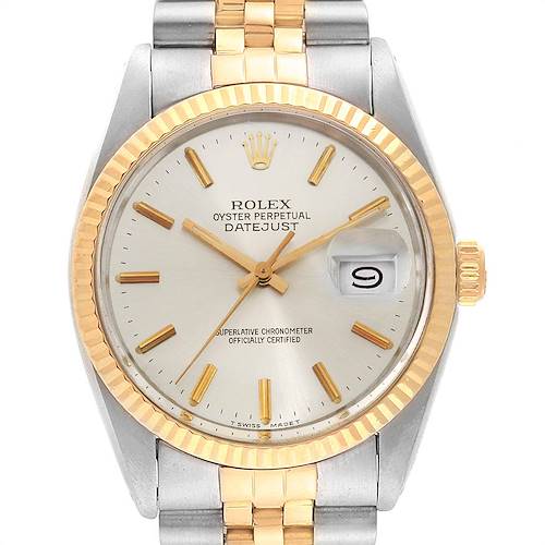 This image shows a front view of the Rolex Oyster Perpetual Datejust from the Vintage Collection, highlighting its dial, bezel, and bracelet.