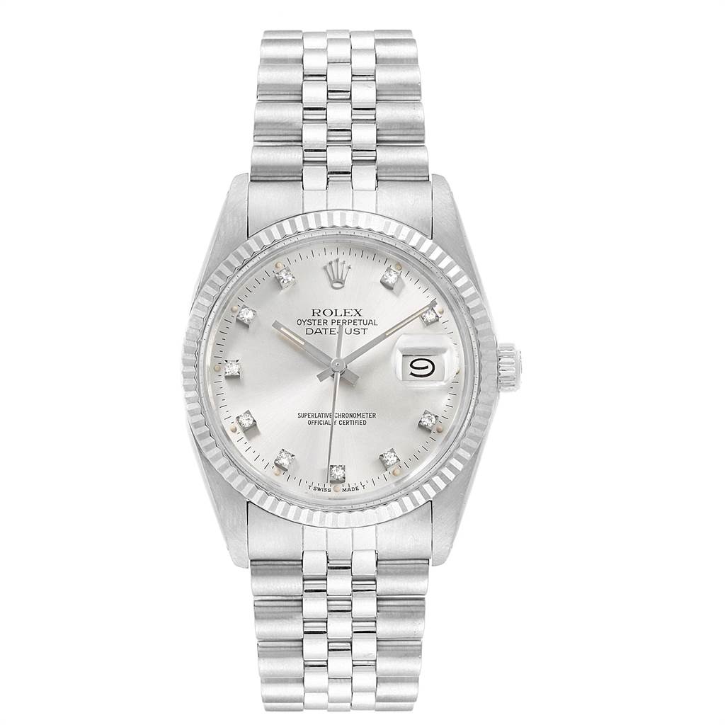 The image shows a frontal view of the Rolex Vintage Collection 16014 Men's Stainless Steel Silver Dial 16014 Men's Stainless Steel Silver Dial Datejust, displaying its face and metal bracelet.