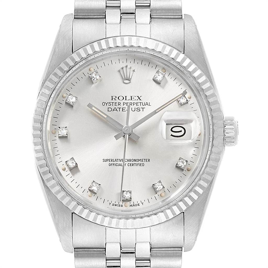 The image shows a frontal view of the Vintage Collection Rolex Oyster Perpetual Datejust, highlighting its face, bezel, and bracelet.
