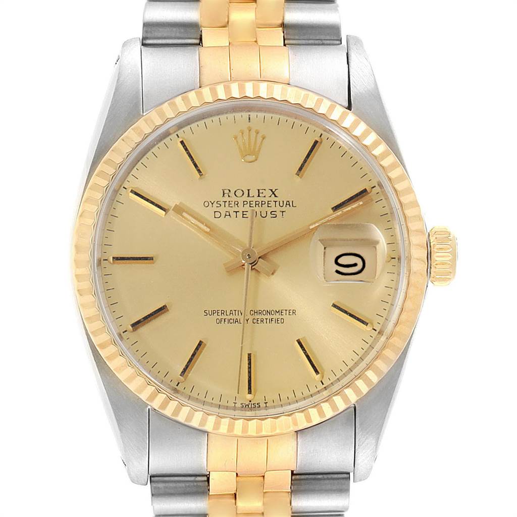 The image shows a front view of the Rolex Vintage Collection 16013 Men's Steel and Gold (two tone) Champagne Dial 16013 Men's Steel and Gold (two tone) Champagne Dial Datejust model, highlighting the watch face, bracelet, and bezel.