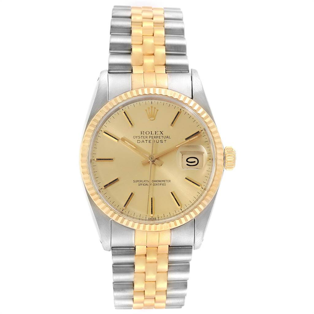 The image shows a front view of the Rolex Oyster Perpetual Datejust Vintage Collection watch, highlighting the dial and bracelet.