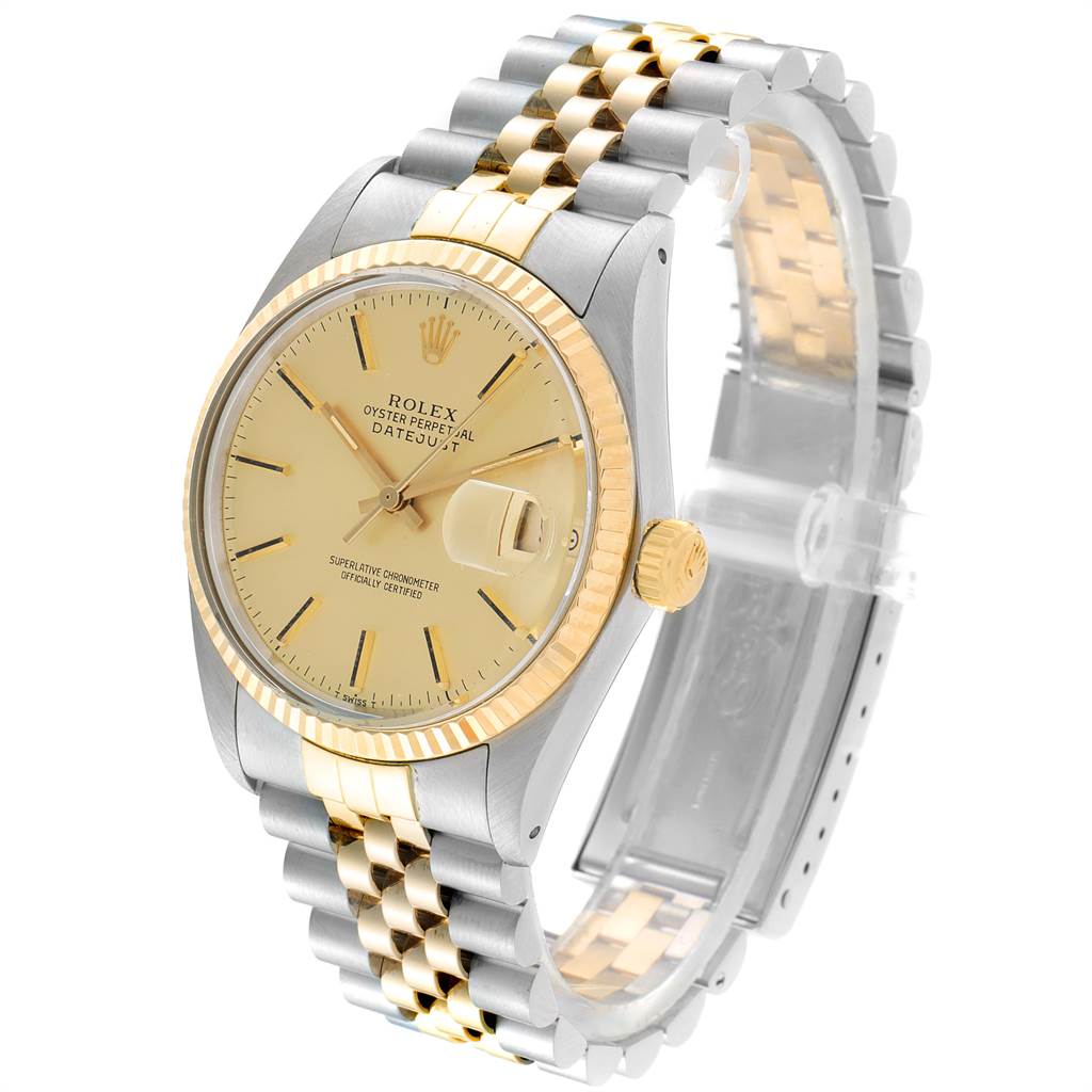 The image shows a side and front view of the Rolex Vintage Collection 16013 Men's Steel and Gold (two tone) Champagne Dial 16013 Men's Steel and Gold (two tone) Champagne Dial watch, highlighting its dial, crown, and bracelet.