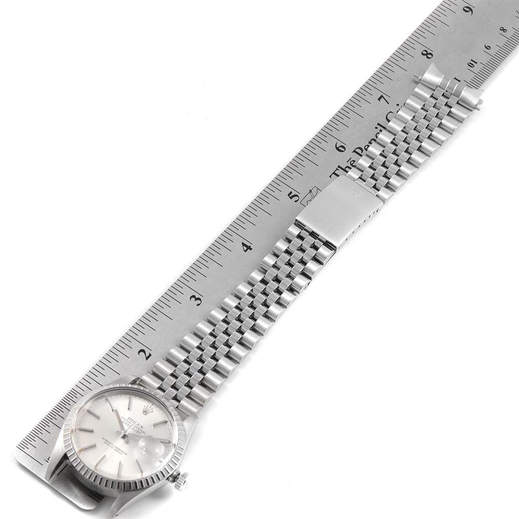 The Rolex Vintage Collection 16030 Men's Stainless Steel Silver Dial 16030 Men's Stainless Steel Silver Dial watch is shown from a top-down angle, featuring its face, bezel, bracelet, and clasp.