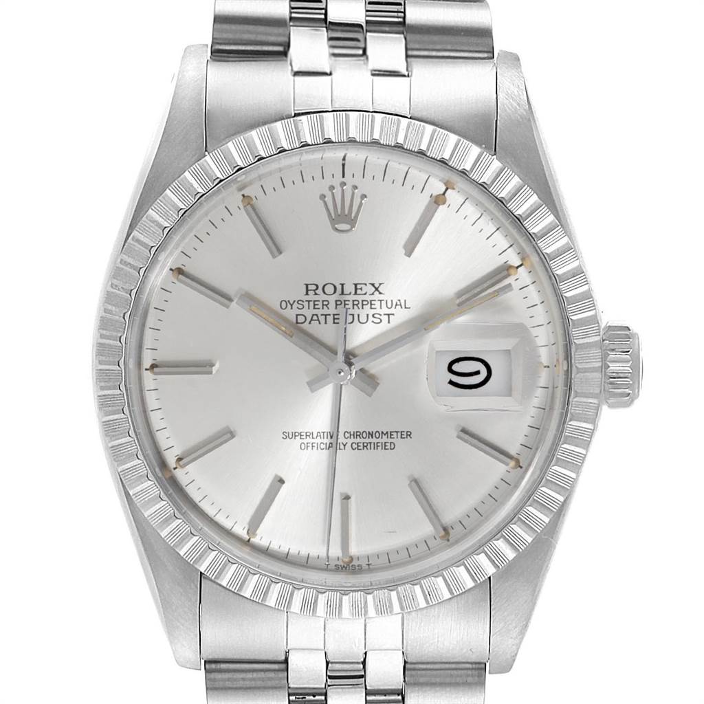 The image shows a close-up of the Rolex Vintage Collection 16030 Men's Stainless Steel Silver Dial 16030 Men's Stainless Steel Silver Dial Datejust's face, bezel, crown, and part of the bracelet.
