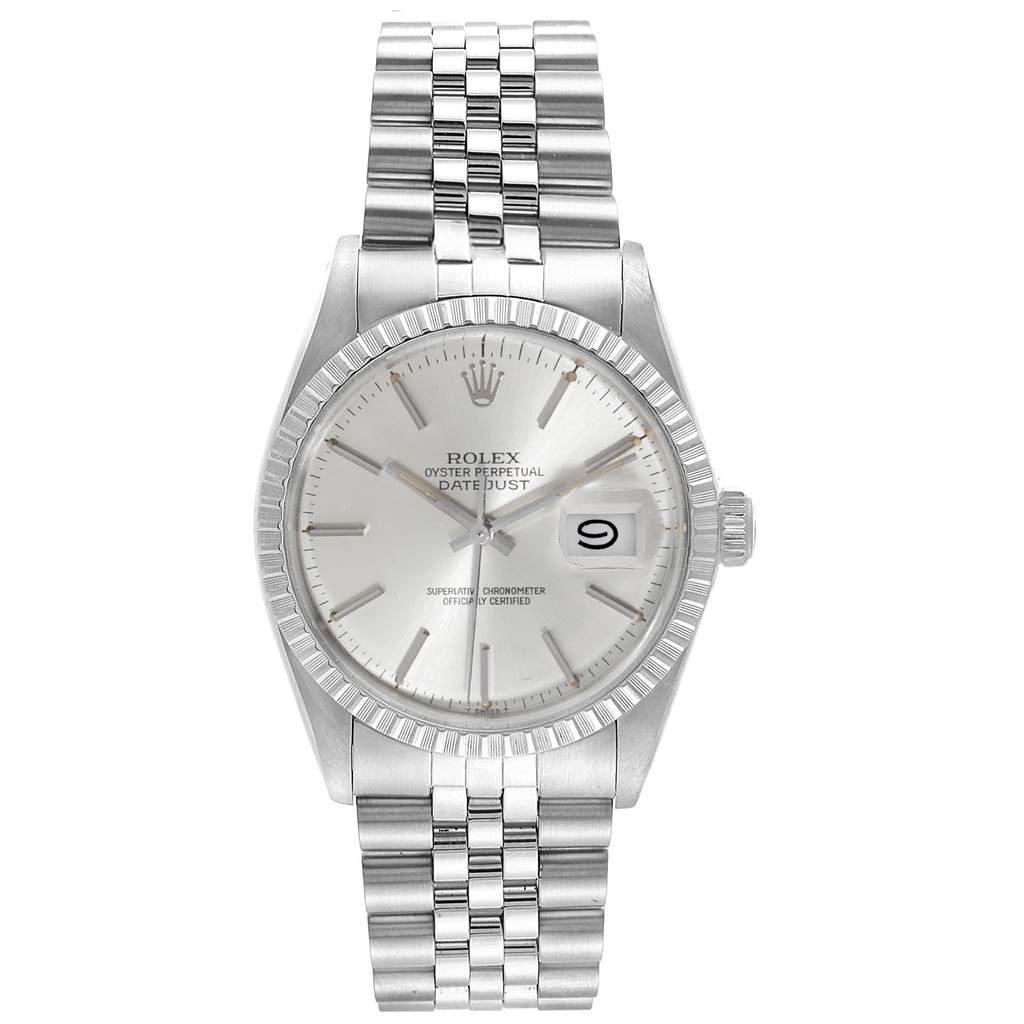 The image shows a front view of a Rolex Vintage Collection 16030 Men's Stainless Steel Silver Dial 16030 Men's Stainless Steel Silver Dial Datejust model watch, displaying the face, dial, case, and bracelet.