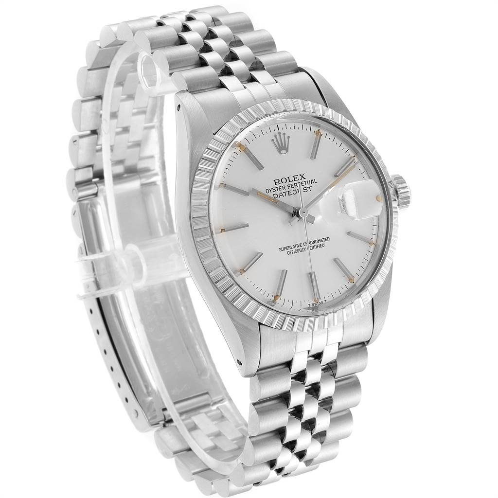 The image shows a Rolex Vintage Collection 16030 Men's Stainless Steel Silver Dial 16030 Men's Stainless Steel Silver Dial watch, displaying the face, bezel, and part of the bracelet strap at an angled side view.