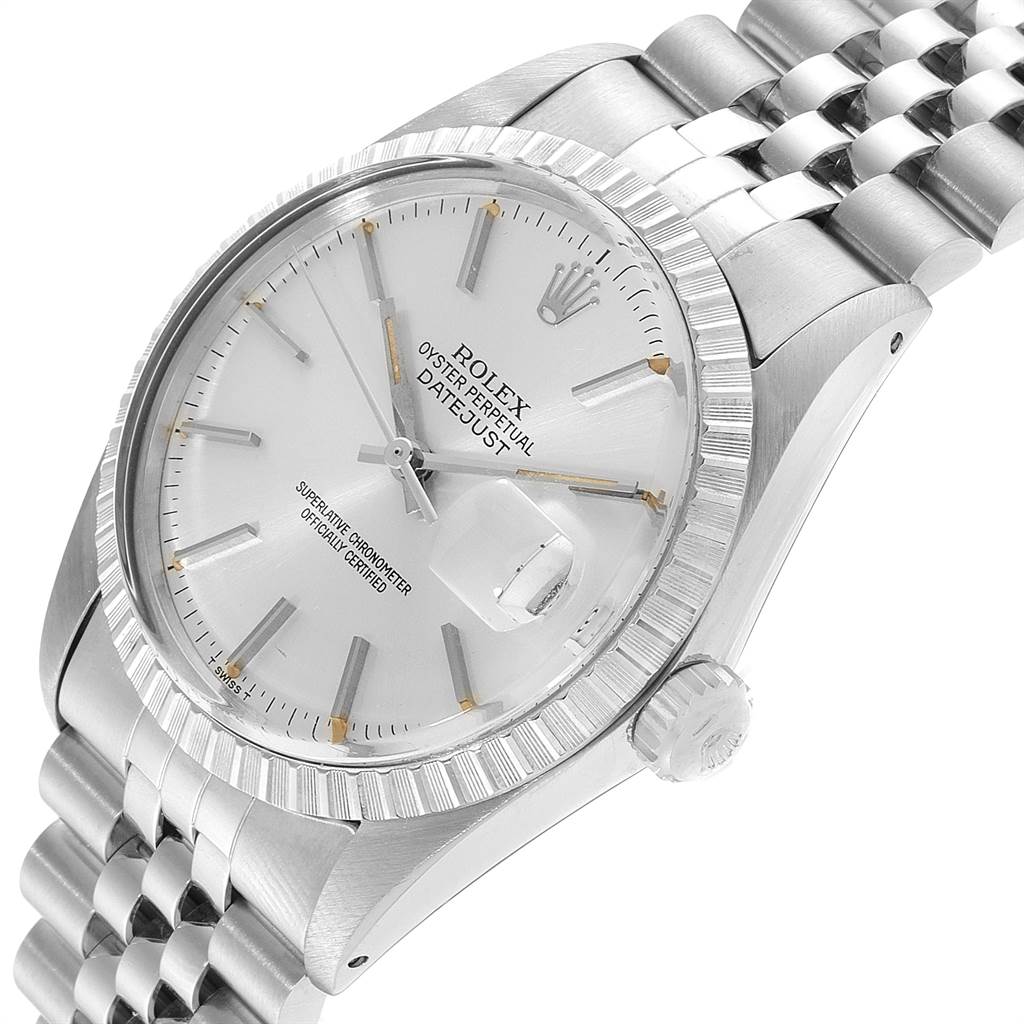The image shows a close-up angled view of the Rolex Vintage Collection 16030 Men's Stainless Steel Silver Dial 16030 Men's Stainless Steel Silver Dial Datejust watch, highlighting the dial, bezel, and bracelet.