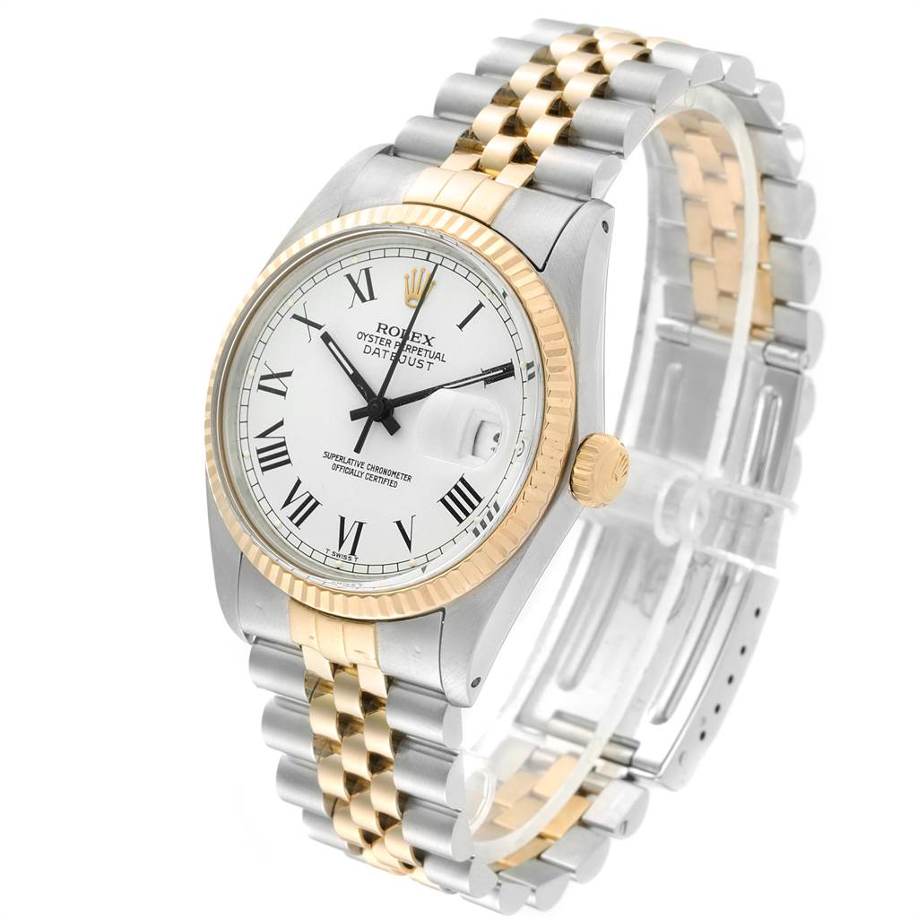 The image shows a Rolex Vintage Collection 16013 Men's Stainless Steel White Dial 16013 Men's Stainless Steel White Dial watch model, viewed at an angle highlighting the dial, bezel, and two-tone bracelet.