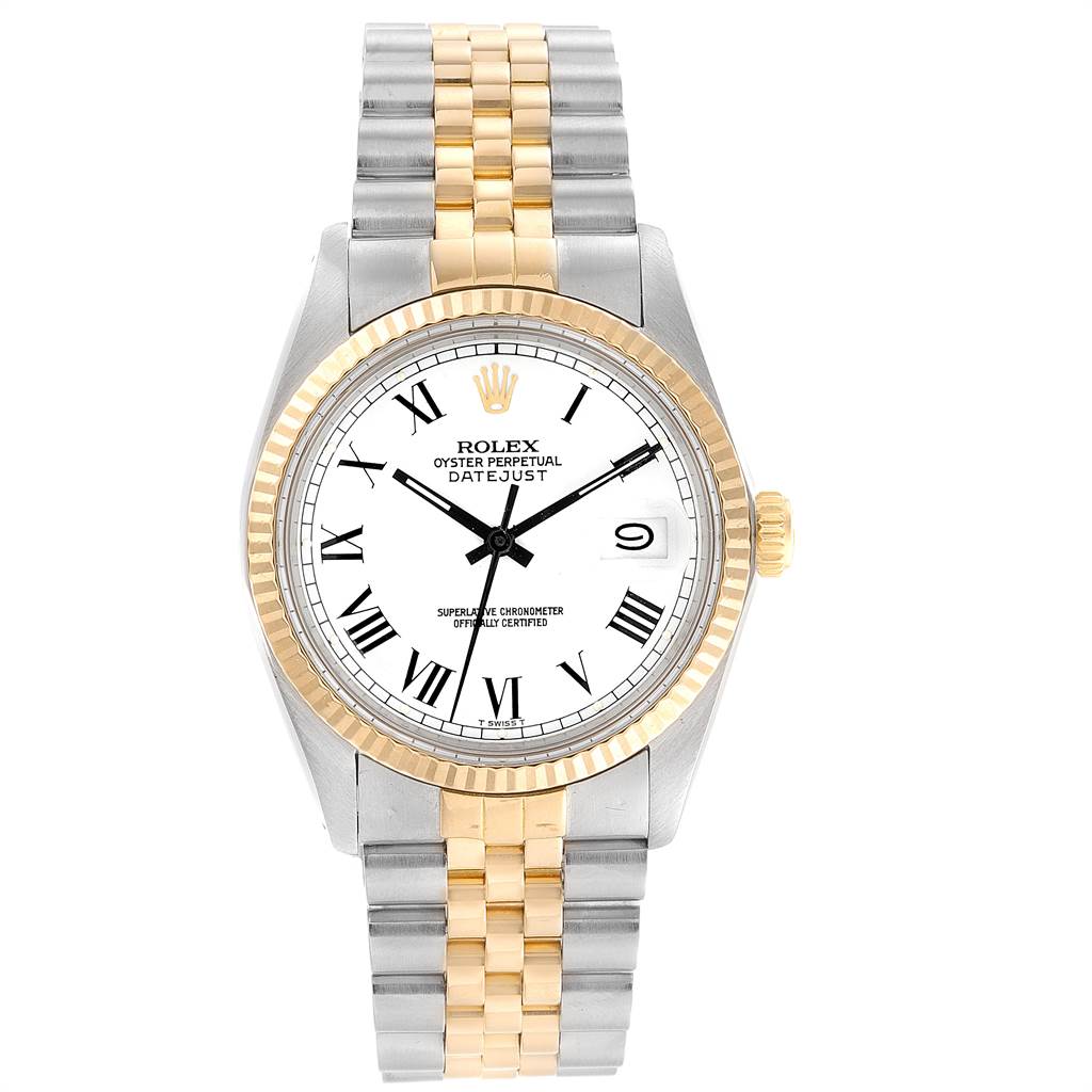 The image shows a Vintage Collection Rolex Datejust watch from a front angle, displaying the dial, bezel, and bracelet.