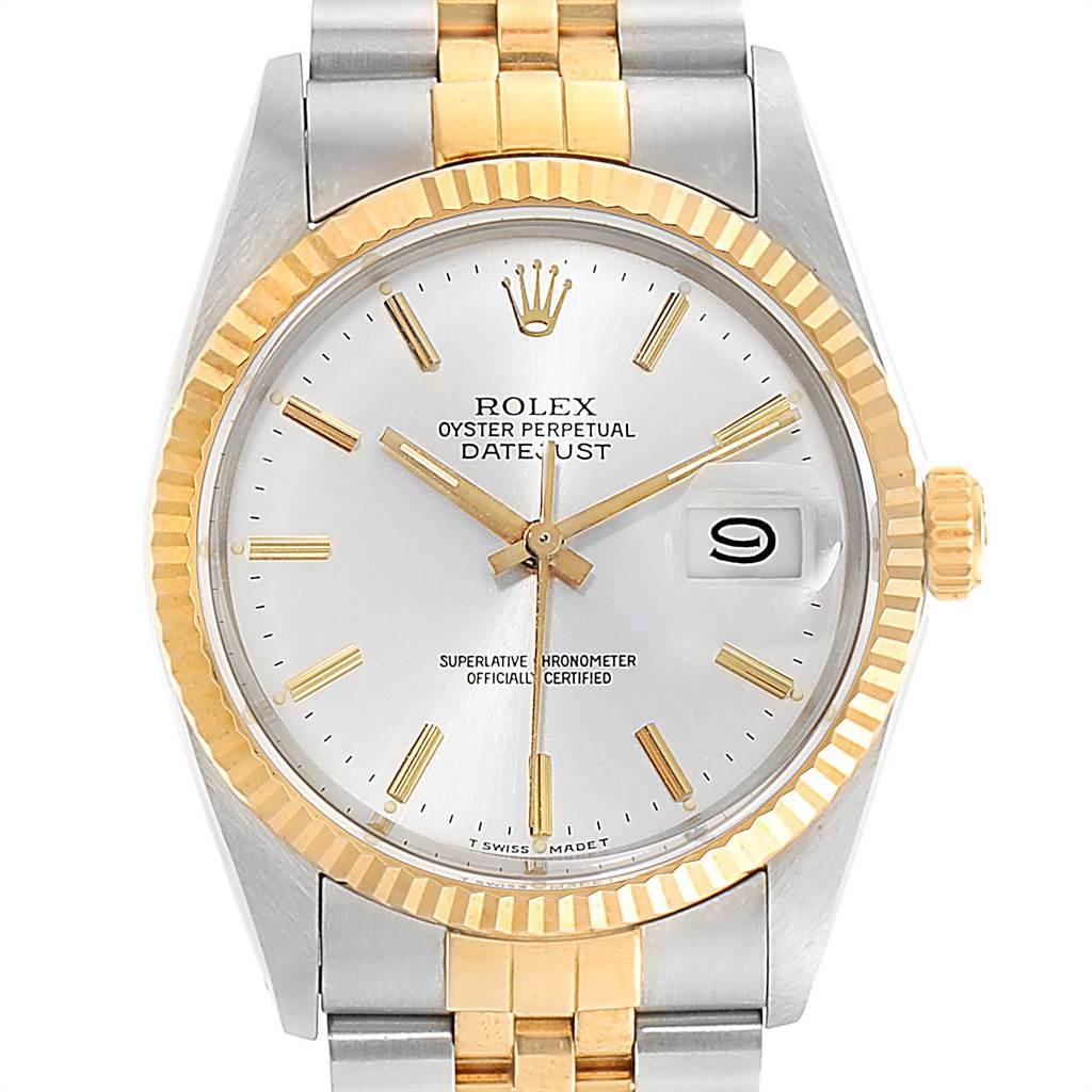 This image shows a front view of a Rolex Vintage Collection 16013 Men's Stainless Steel Silver Dial 16013 Men's Stainless Steel Silver Dial Datejust watch, highlighting its dial, bezel, and part of the bracelet.