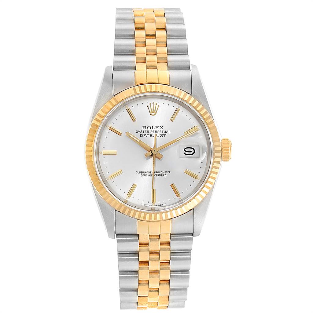 This image shows a front view of the Rolex Vintage Collection 16013 Men's Stainless Steel Silver Dial 16013 Men's Stainless Steel Silver Dial Oyster Perpetual Datejust, highlighting the dial, bezel, and bracelet.