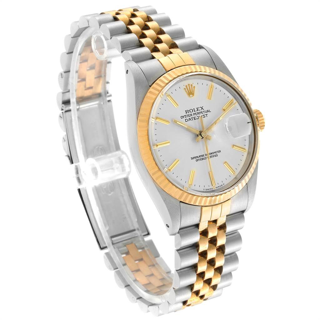 The image shows a Rolex Vintage Collection 16013 Men's Stainless Steel Silver Dial 16013 Men's Stainless Steel Silver Dial Datejust watch at an angle highlighting the face, bezel, and part of the bracelet.