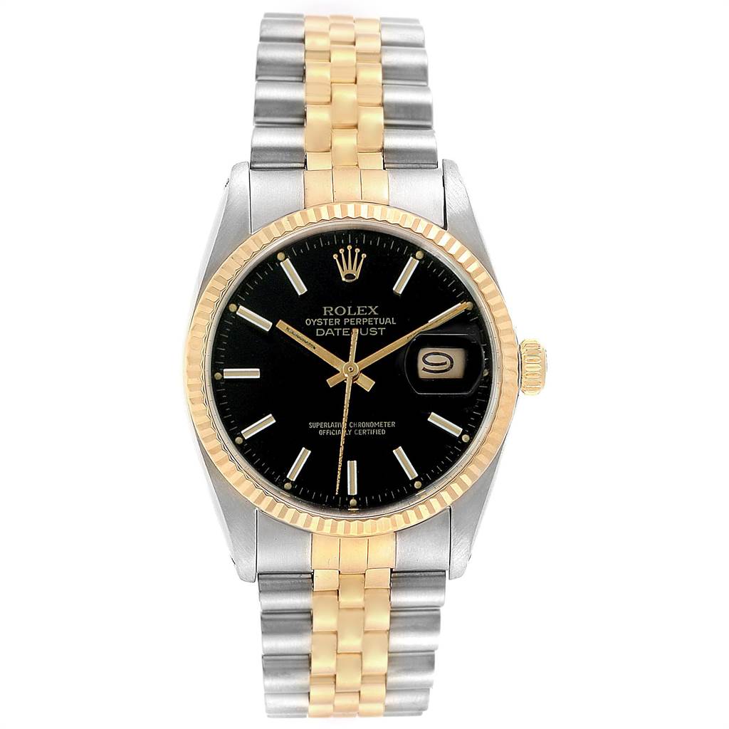 This image shows a Rolex Vintage Collection 16013 Men's Stainless Steel Black Dial 16013 Men's Stainless Steel Black Dial model, displaying the face, bezel, and bracelet, viewed from the front.