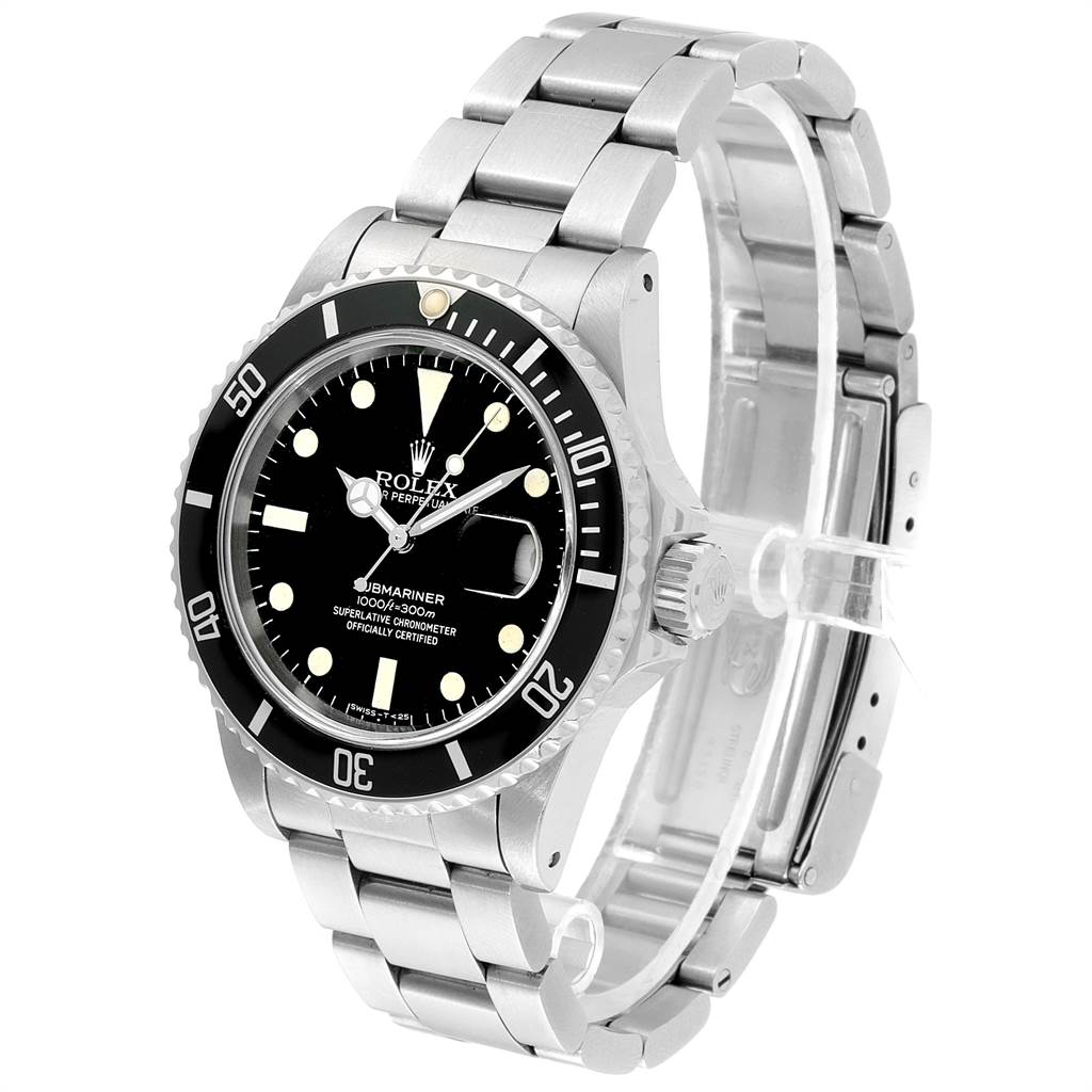 This image shows a front angle of a Vintage Collection Rolex Submariner, detailing its face, bezel, and metal bracelet.