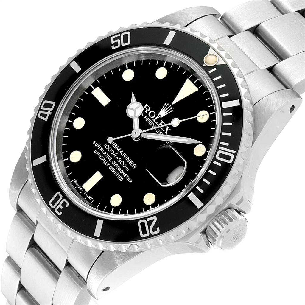 The image shows a close-up angle of a Rolex Vintage Collection 16800 Men's Stainless Steel Black Dial 16800 Men's Stainless Steel Black Dial watch, highlighting the bezel, dial, and part of the bracelet.