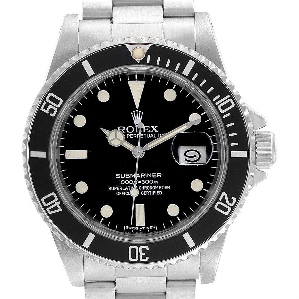 The image shows a front view of the Rolex Vintage Collection 16800 Men's Stainless Steel Black Dial 16800 Men's Stainless Steel Black Dial Submariner watch, featuring its black dial and bezel, alongside its stainless steel bracelet.