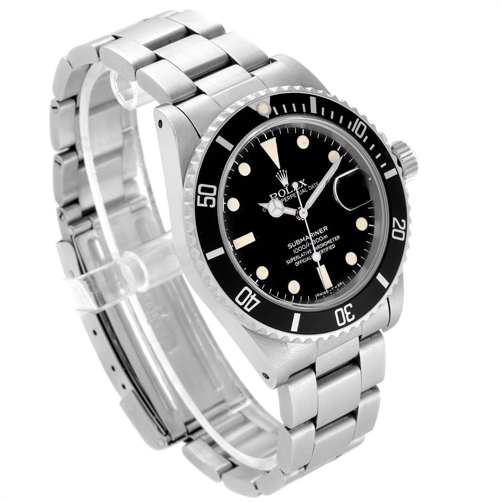 The image shows a side view of the Rolex Vintage Collection 16800 Men's Stainless Steel Black Dial 16800 Men's Stainless Steel Black Dial Submariner watch, highlighting its bezel, dial, and bracelet.