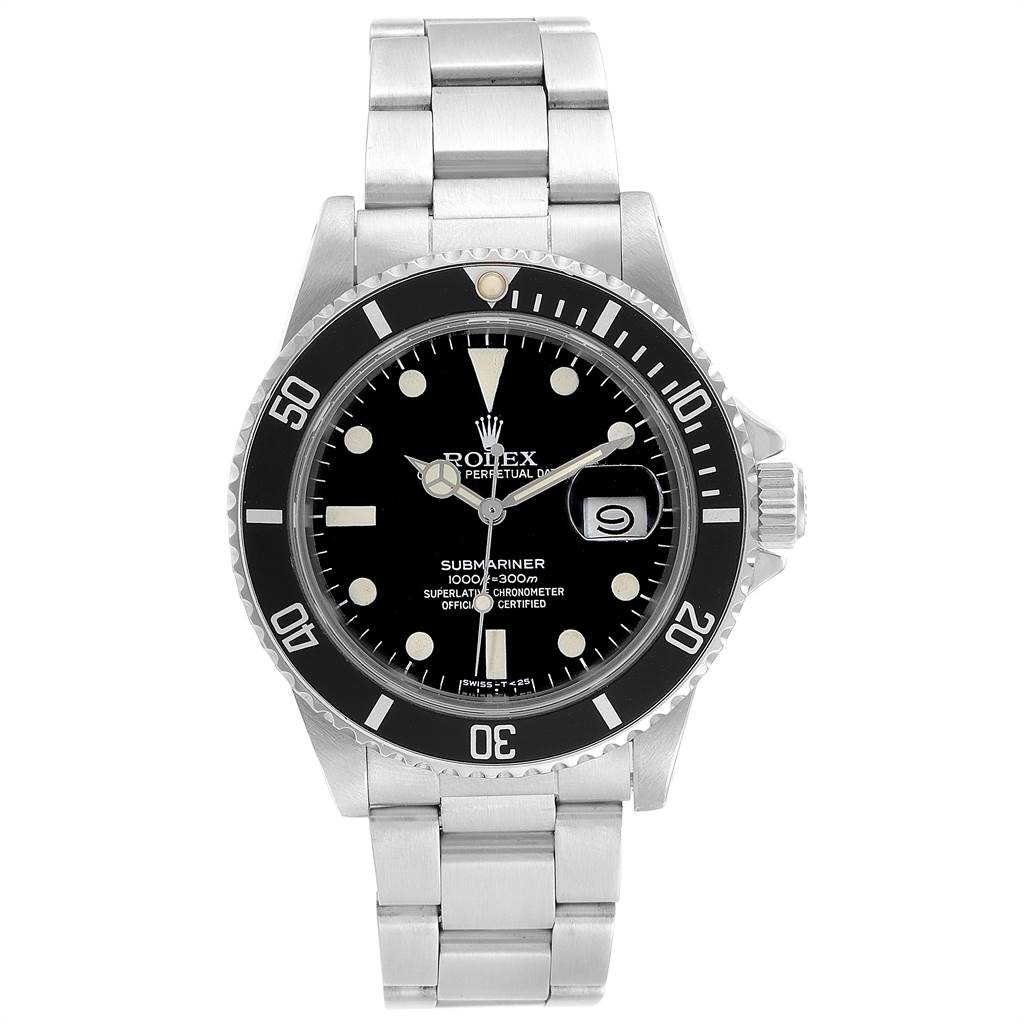 The image shows a front view of a Rolex Vintage Collection 16800 Men's Stainless Steel Black Dial 16800 Men's Stainless Steel Black Dial Submariner watch, displaying its dial, bezel, and bracelet.
