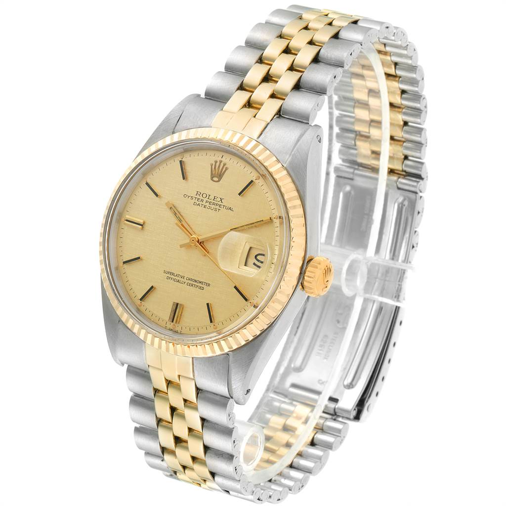 The Rolex Vintage Collection 1601 Men
s Steel and Gold (two tone) Champagne Dial 1601 Men
s Steel and Gold (two tone) Champagne Dial model is shown from a front-right angle, highlighting the watch face, bezel, and two-tone bracelet.