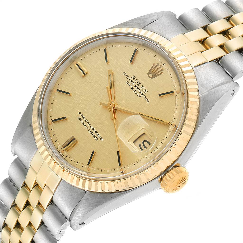 The Rolex Vintage Collection 1601 Men
s Steel and Gold (two tone) Champagne Dial 1601 Men
s Steel and Gold (two tone) Champagne Dial model is shown at a slight angle, displaying the bezel, dial, crown, and part of the bracelet.