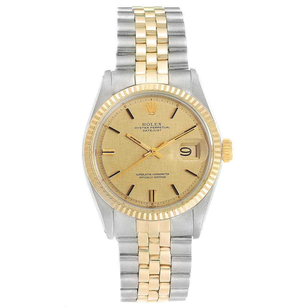 The Rolex Vintage Collection 1601 Men
s Steel and Gold (two tone) Champagne Dial 1601 Men
s Steel and Gold (two tone) Champagne Dial model is shown from the front angle, featuring its dial, bezel, and two-tone metal bracelet.