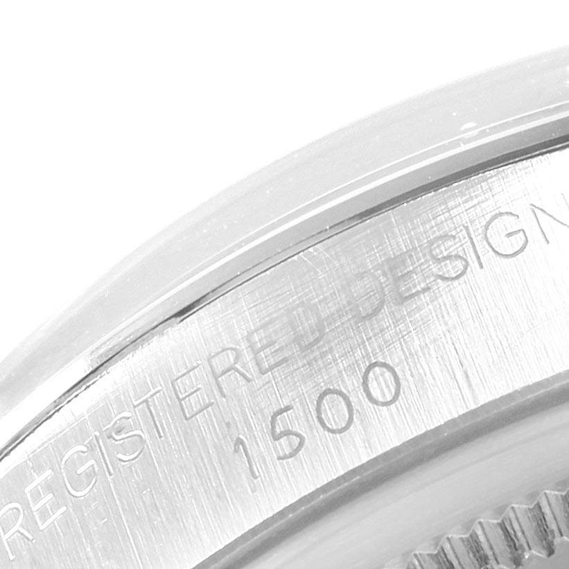 This image shows a close-up of the engraved case back of a Rolex Vintage Collection 1500 Men's Stainless Steel Silver Dial 1500 Men's Stainless Steel Silver Dial model, displaying the text "REGISTERED DESIGN 1500."