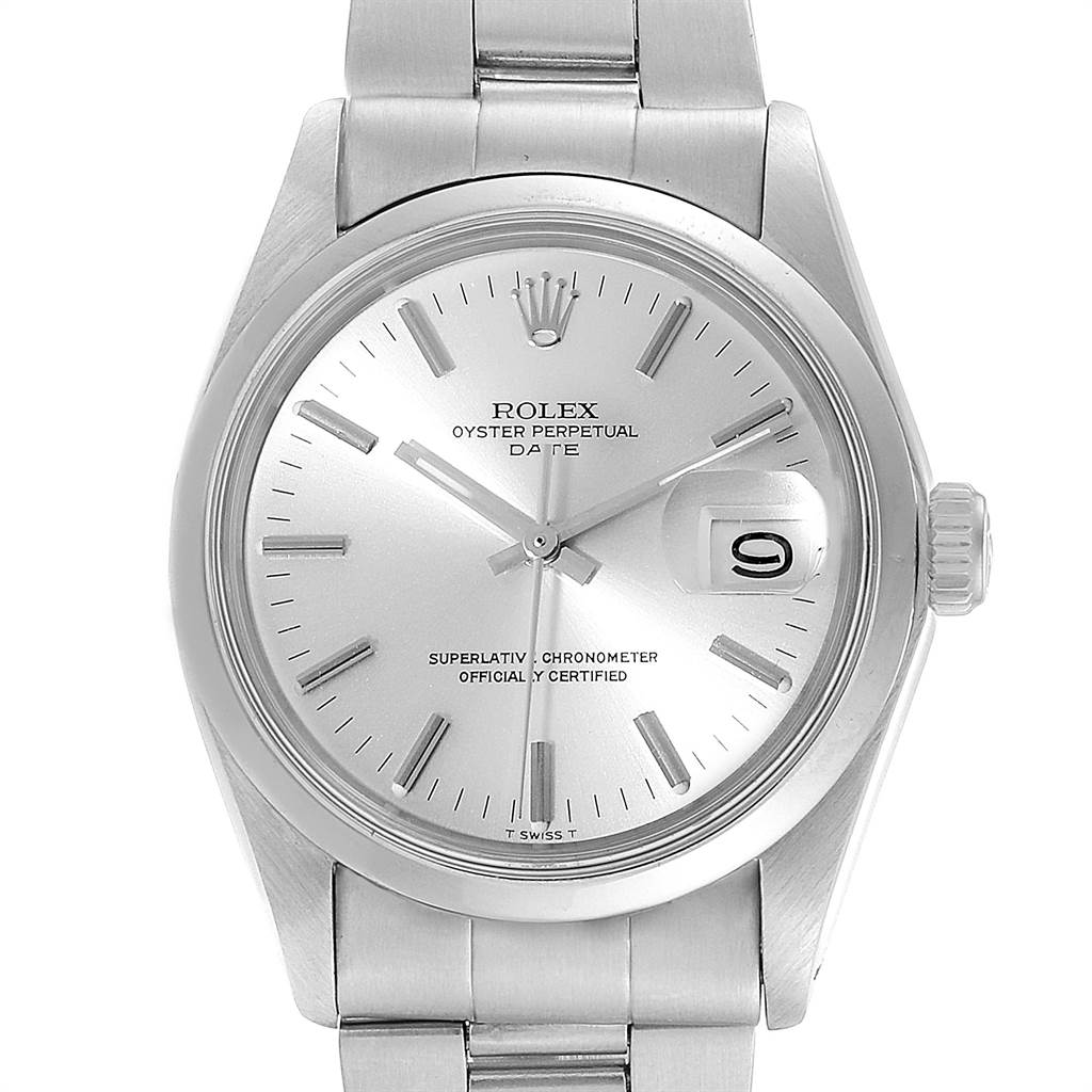 The image shows a frontal view of the Rolex Vintage Collection 1500 Men's Stainless Steel Silver Dial 1500 Men's Stainless Steel Silver Dial model, highlighting the dial, date window, and part of the bracelet.