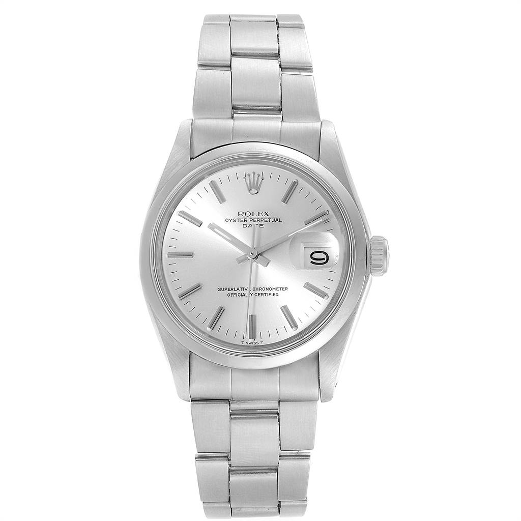 This image shows a front view of a Rolex Vintage Collection 1500 Men's Stainless Steel Silver Dial 1500 Men's Stainless Steel Silver Dial Oyster Perpetual Date with its dial, bezel, and bracelet clearly visible.