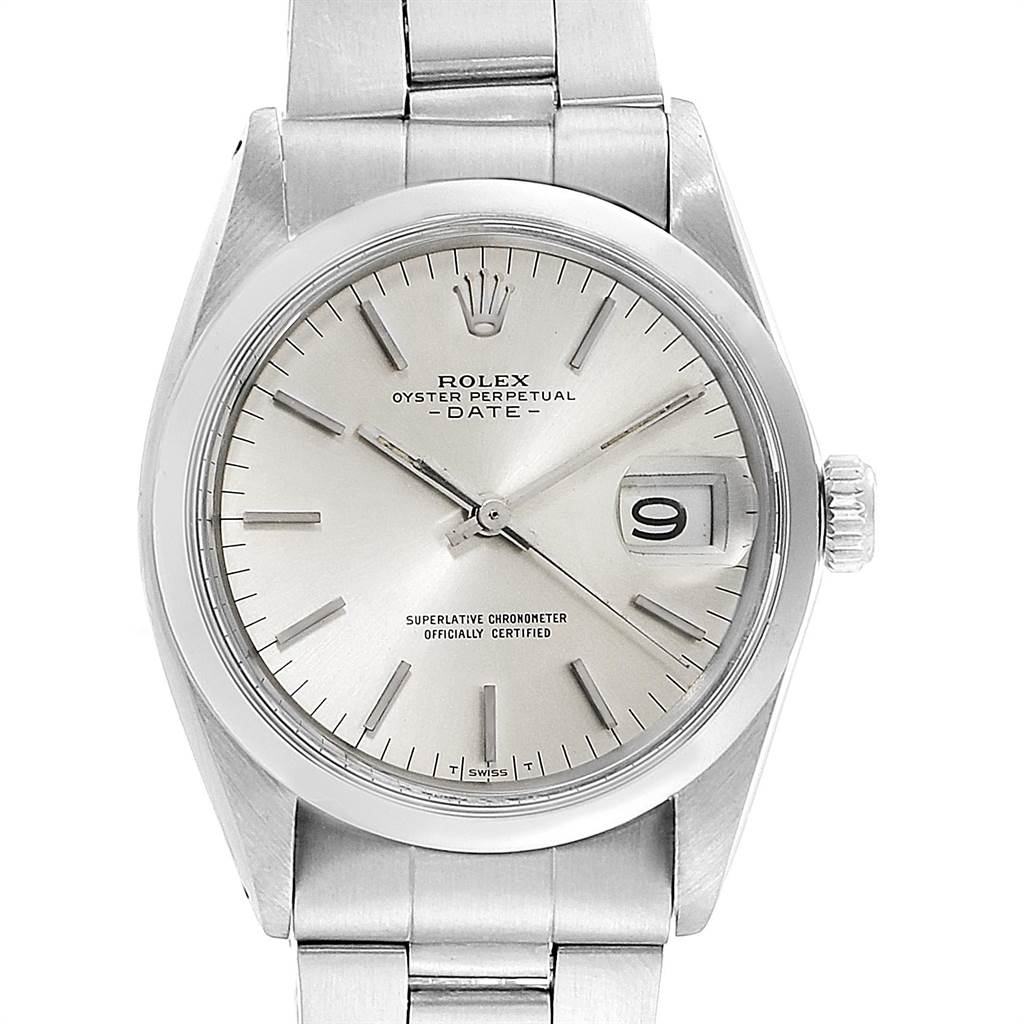 This is a front view of the Rolex Vintage Collection 1500 Men's Stainless Steel Silver Dial 1500 Men's Stainless Steel Silver Dial Oyster Perpetual Date watch, showing the face, dial, and bracelet.
