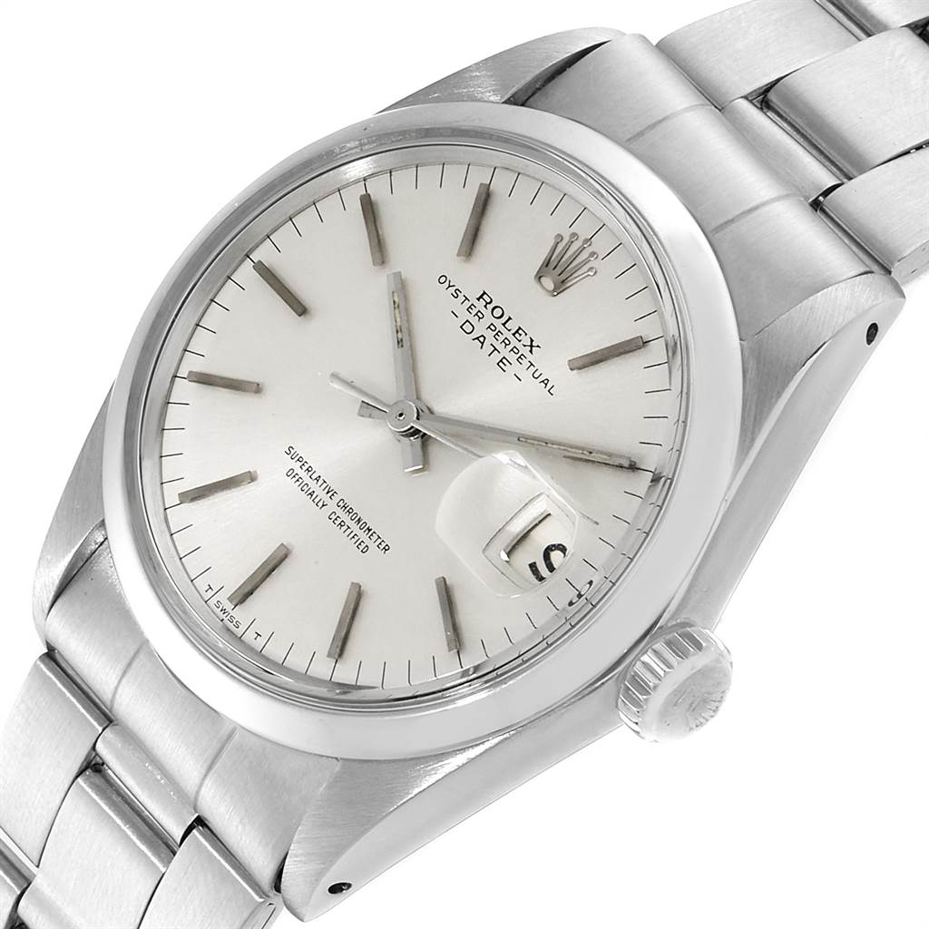 The Rolex Vintage Collection 1500 Men's Stainless Steel Silver Dial 1500 Men's Stainless Steel Silver Dial watch is shown at a slight angle, highlighting the face, date window, crown, and part of the bracelet.