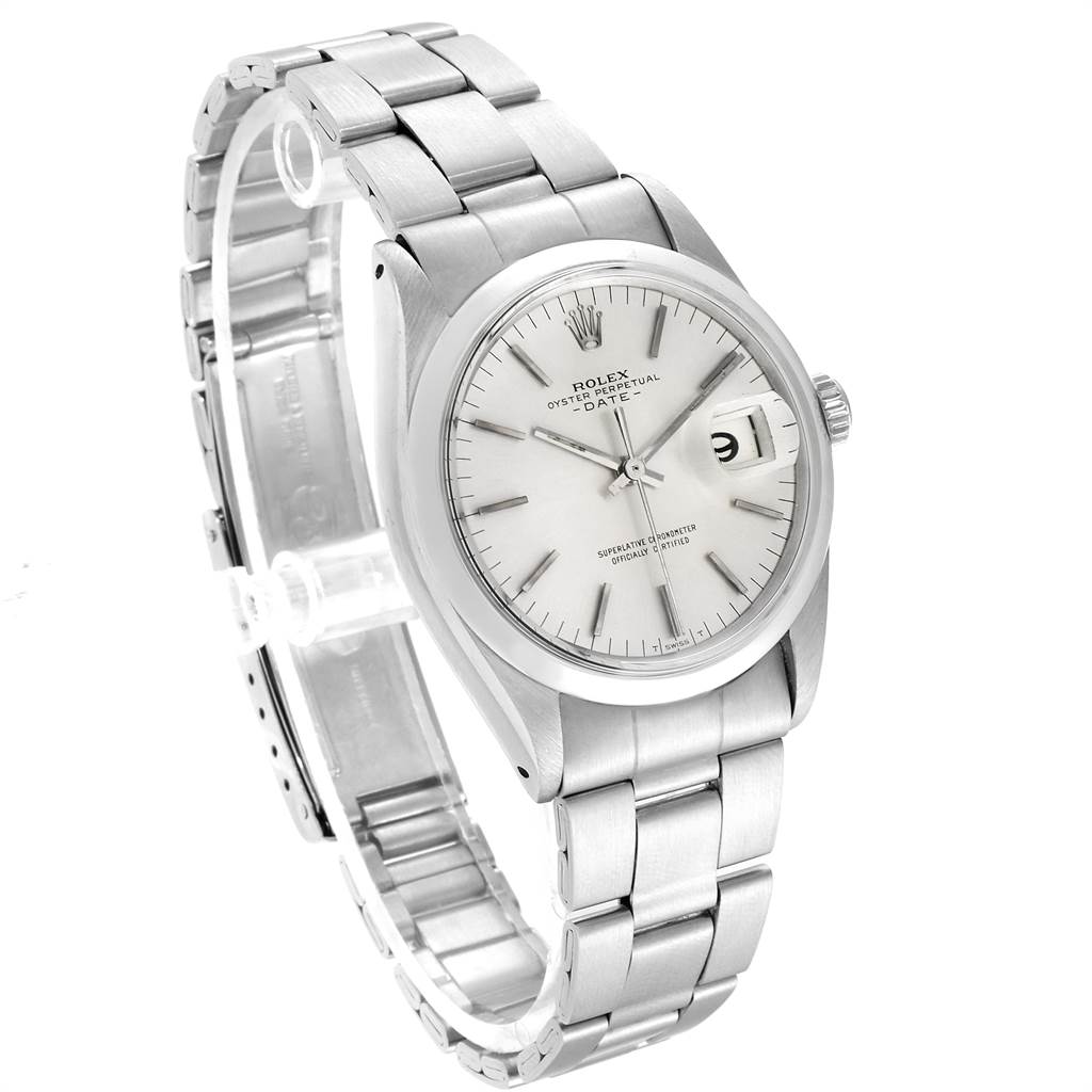 The image shows a Rolex Vintage Collection 1500 Men's Stainless Steel Silver Dial 1500 Men's Stainless Steel Silver Dial watch from a three-quarter angle, displaying the dial, bracelet, and crown.