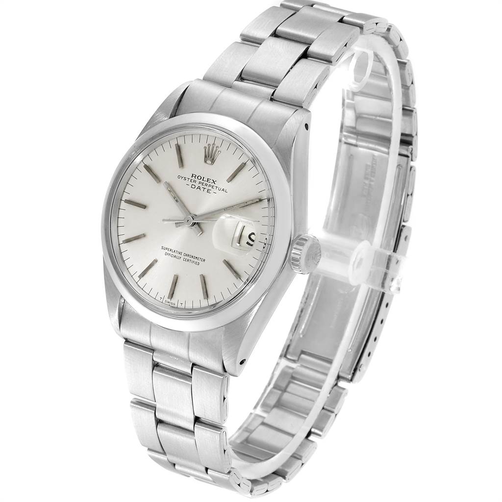 This image shows an angled view of a Rolex Oyster Perpetual Date Vintage Collection watch, highlighting the dial, case, and bracelet.